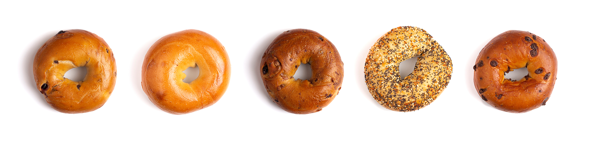 A Row of Five Different Types of Bagels