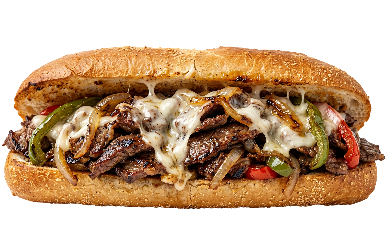 Authentic Philly cheesesteak sandwich loaded with thinly sliced grilled beef, melted provolone cheese, and caramelized onions on a hoagie roll